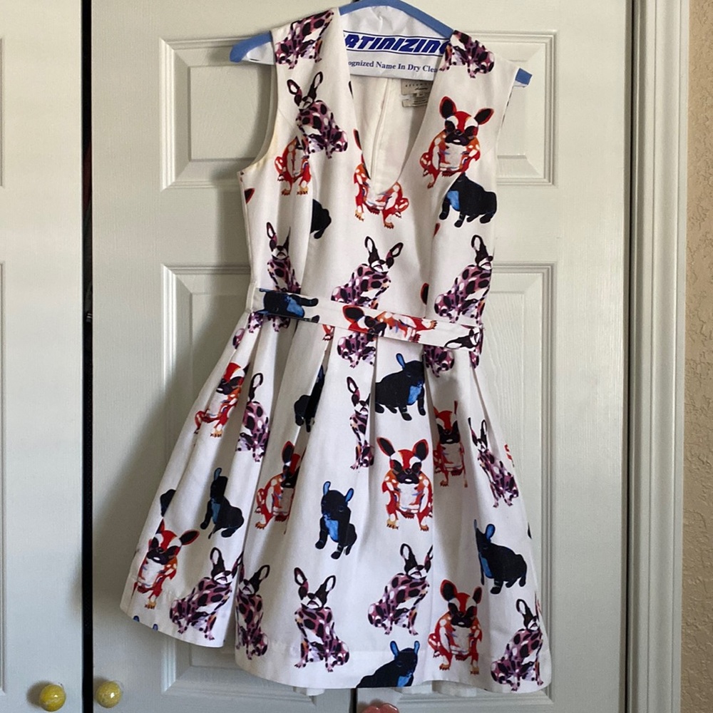 Anthropologie French Bulldog Dog fit & Flare Dress with Belt Size 4